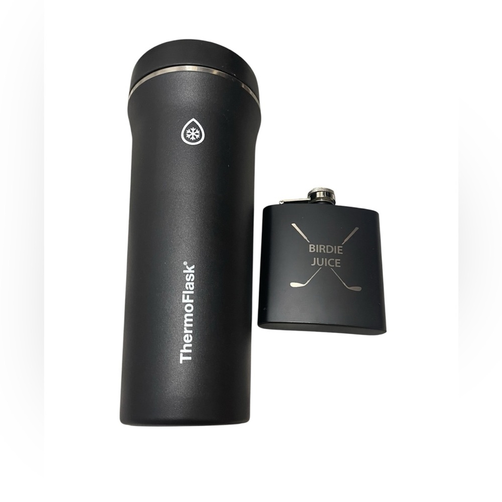 ❤️BUNDLE OF Black Travel Mug and Birdie Juice Flask set.
